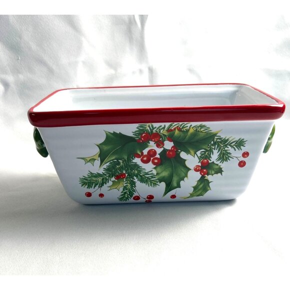 Christmas Loaf Pan by Teleflora with Holly Design Oven to Table Heavy 8.5” - Picture 1 of 8